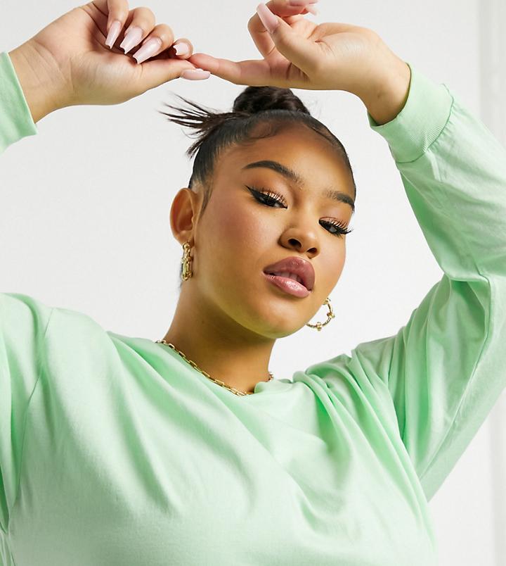 Asos Design Curve Oversized Long Sleeve T-shirt With Cuff Detail In Lime-green