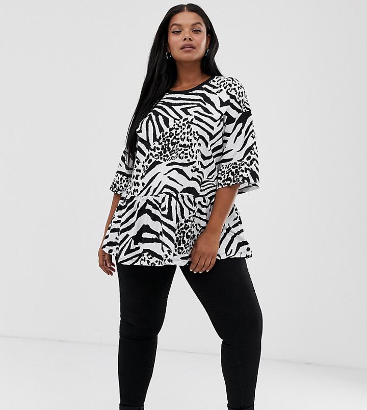 Asos Design Curve Smock Top In Mono Mixed Animal-black
