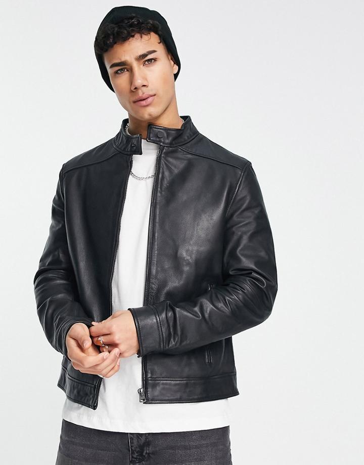 French Connection Leather Bomber Jacket In Black