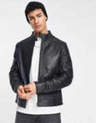 French Connection Leather Bomber Jacket In Black