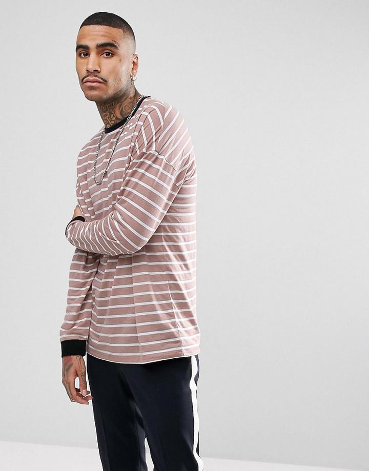 Asos Stripe Oversized Long Sleeve T-shirt In Pink And White - Pink