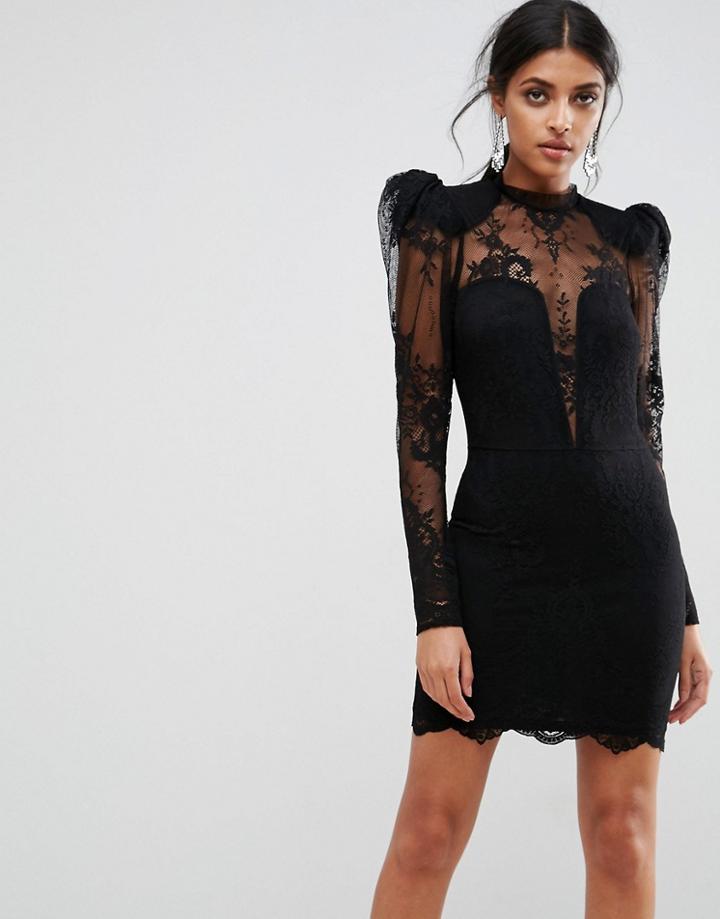 Asos Puff Shoulder Lace Mini Dress - Black