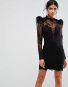 Asos Puff Shoulder Lace Mini Dress - Black