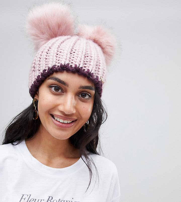 River Island Double Pomp Om Beanie Hat In Pink - Pink