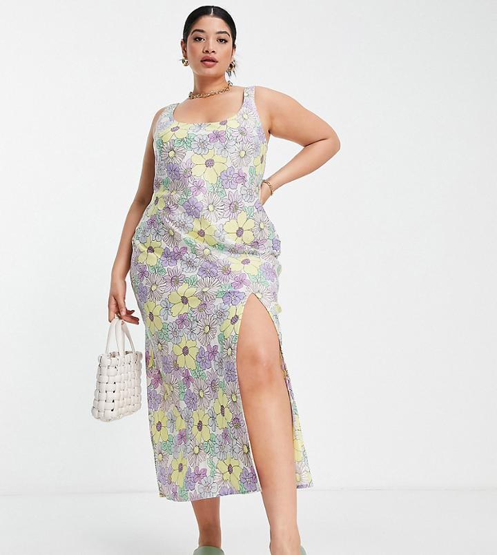 Asos Design Curve Linen Scoop Neck Maxi Sundress With Split In Retro Floral-multi