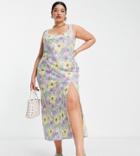 Asos Design Curve Linen Scoop Neck Maxi Sundress With Split In Retro Floral-multi