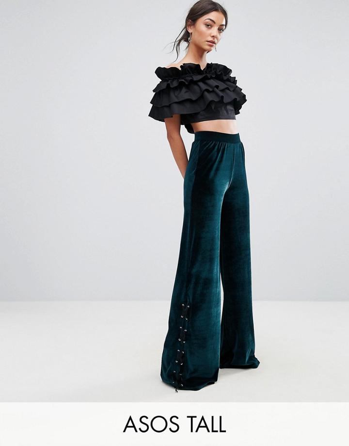 Asos Tall Exclusive Wide Leg Velvet Pants - Green