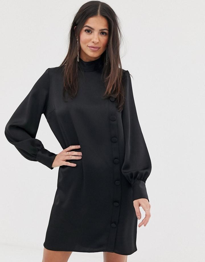 River Island Swing Dress With Asymmetric Buttons In Black - Black