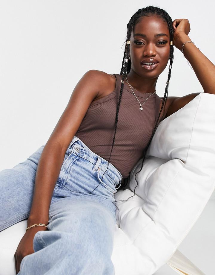 Monki Crop Tank Top In Brown Rib