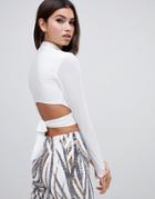 Club L High Neck Tie Back Crop Top In White