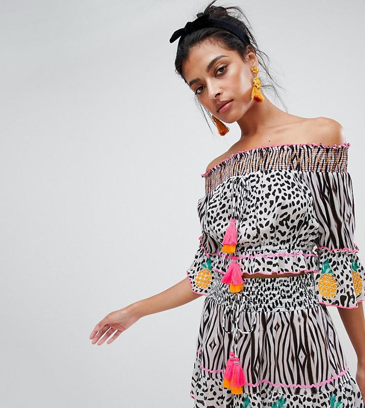 River Island Off The Shoulder Beach Crop Top In Animal Print - Black