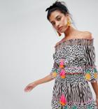 River Island Off The Shoulder Beach Crop Top In Animal Print - Black