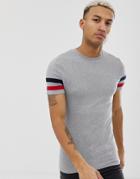 Asos Design Organic Cotton Muscle Fit T-shirt With Stretch And Contrast Sleeve Stripe In Gray