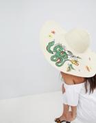 Asos Straw Embroidered Floppy Hat With Size Adjuster - Beige
