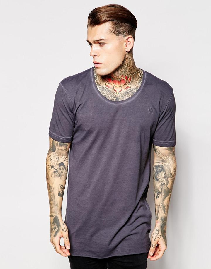 Antioch Longline T-shirt In Oil Wash With Scoop Neck - Black