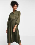 Closet London Pleated Shirt Midi Dress In Khaki-green