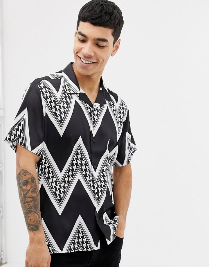 Asos Design Relaxed Fit Shirt With Puppytooth Chevron Stripe In Satin-black
