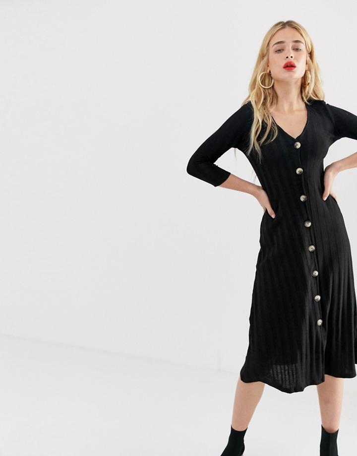 Stradivarius Ribbed Jersey Button Through Dress In Black - Black