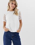 Asos Design T-shirt With Lace Sleeve - White