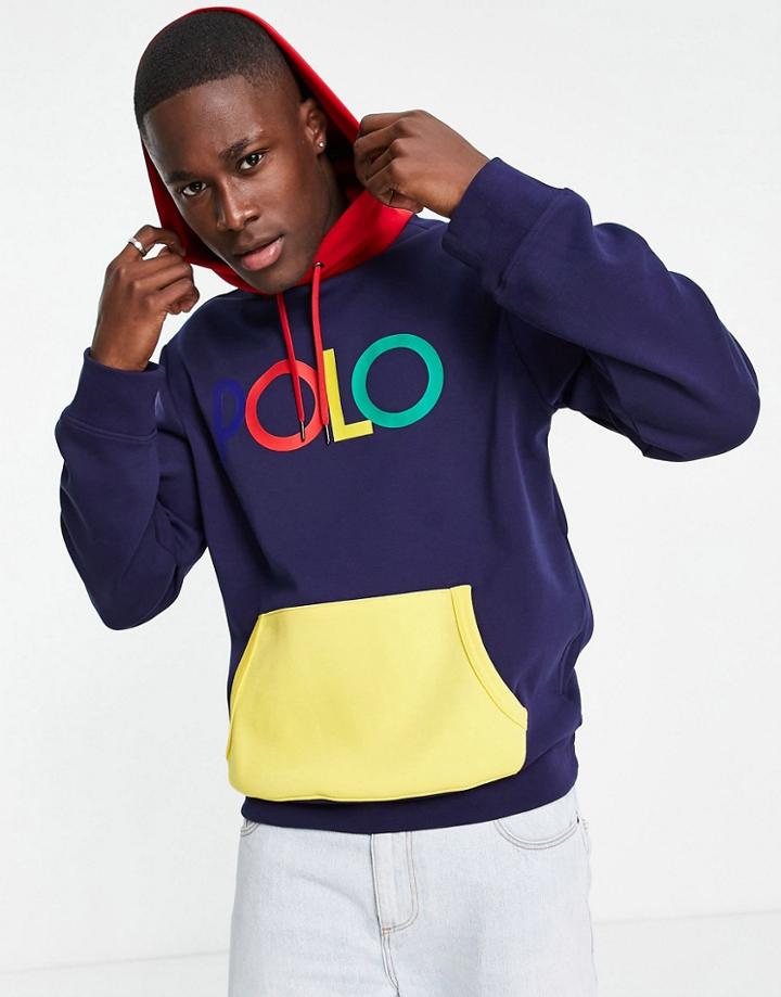 Polo Ralph Lauren Front Logo Color Block Hoodie In Navy