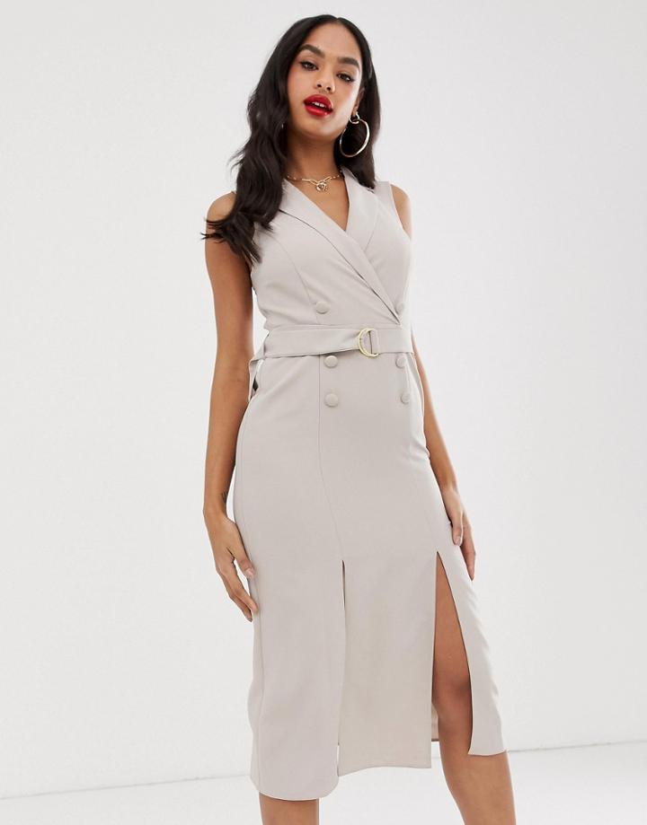 Asos Design Sleeveless Tux Midi Dress With Belt-beige