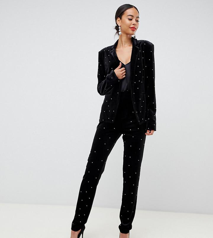 Fashion Union Tall Velvet Pants In All Over Rhinestone Two-piece - Black
