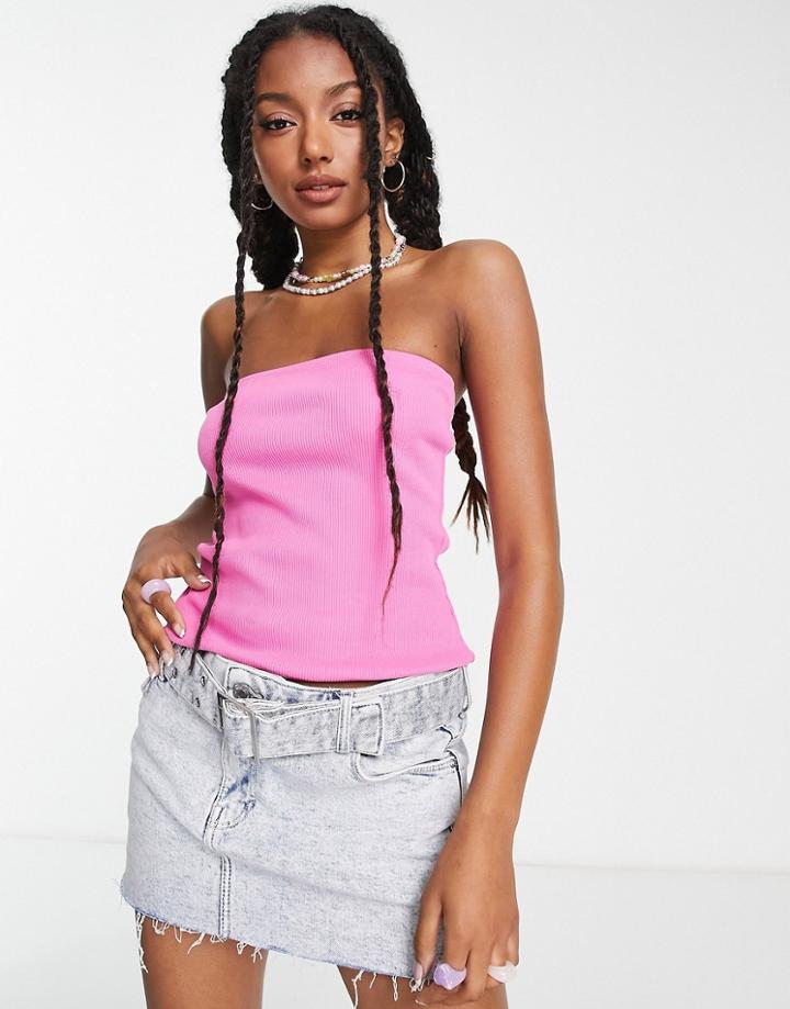 Weekday Strapless Tube Top In Rib In Bright Pink