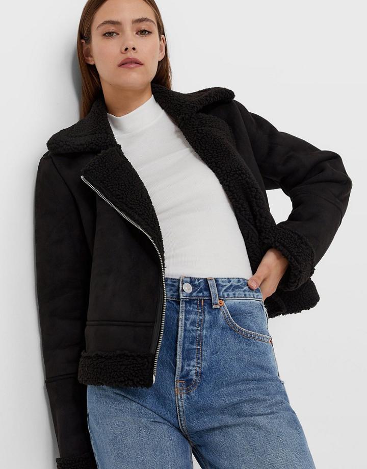 Stradivarius Short Aviator Jacket In Black
