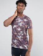 Asos T-shirt With Japanese Floral Print In Linen Look - Purple