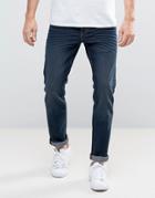 Solid Straight Fit Jeans In Dark Wash Blue With Stretch - Blue