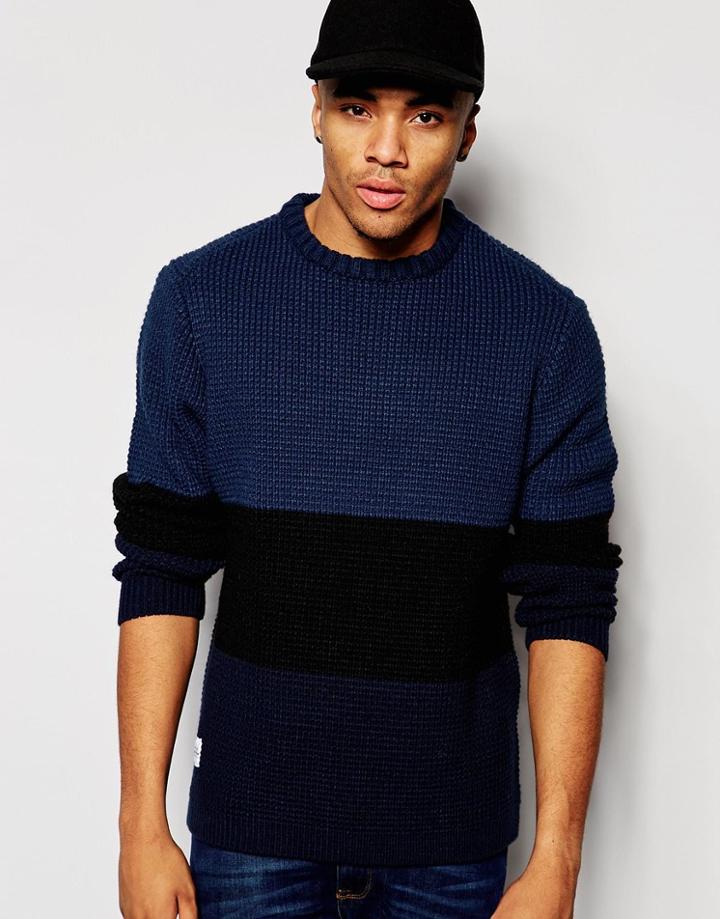 Native Youth Waffle Stitch Panel Sweater - Navy