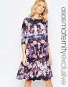 Asos Maternity Floral Skater Dress With 3/4 Sleeve And Belt - Multi