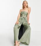 Asos Design Tall Tie Wide Leg Beach Pant In Khaki - Part Of A Set-green