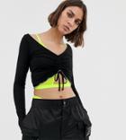 Collusion Ruched Lettuce Edge Crop Top In Black