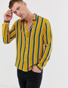 Asos Design Regular Fit Stripe Shirt With Deep Revere Collar - Yellow