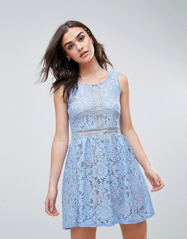Qed London Lace Skater Dress - Blue