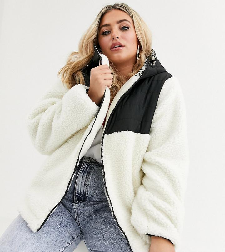 Asos Design Curve Fleece Jacket With Contrast Animal In Cream