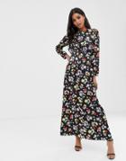 Asos Design Maxi Tea Dress In Bright Grunge Floral Print - Multi