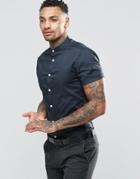 Asos Skinny Shirt In Charcoal With Grandad Collar And Short Sleeves - Gray
