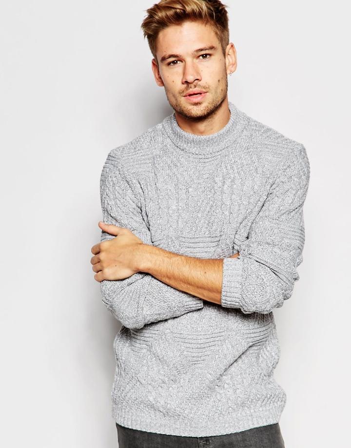 Asos Cable Knit Sweater With Chunky Neck - Gray Twist