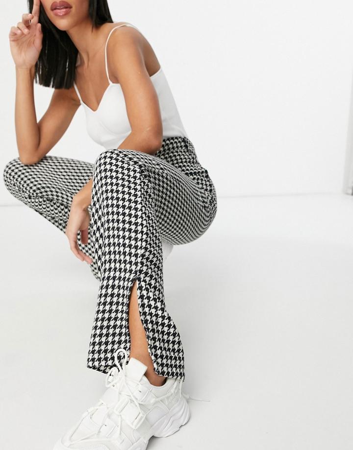 Naanaa High Waisted Split Hem Tailored Pants In Houndstooth-black