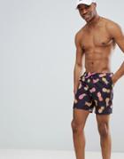 Asos Design Swim Short In Black With Neon Pineapple Print In Mid Length - Black