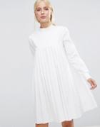 Asos Long Sleeve Cotton Pleated Dress - White