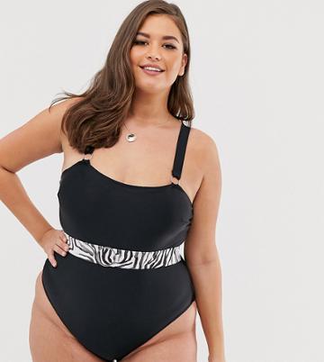 South Beach Curve Exclusive Belt Swimsuit In Zebra - Black
