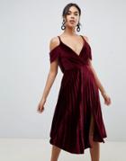 Asos Design Pleated Velvet Cami Midi Dress With Cowl Back Detail-purple