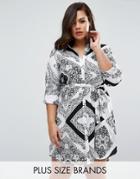 Ax Paris Plus Shirt Dress In Scarf Print - Black