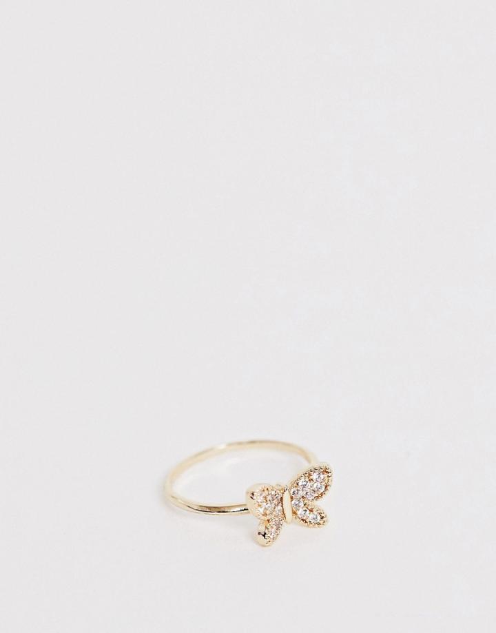 Asos Design Ring With Tiny Crystal Butterfly In Gold Tone - Gold