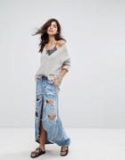 One Teaspoon Denim Maxi Skirt With Slit And Distressing - Blue