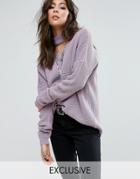 Rokoko Sweater With Cut Out Choker Neck And Zip Sleeve Details - Purple