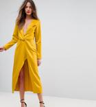 Ttya Black Midi Wrap Dress With Knot Front - Yellow